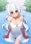  blush breasts cleavage dress full-face_blush head_tilt highres long_hair looking_at_viewer medium_breasts open_mouth original pon_(shind_997) red_eyes silver_hair solo wading water wet wet_clothes white_dress 