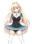  absolute_duo black_panties blonde_hair blue_eyes blush bow bow_panties hako_roku lilith_bristol long_hair looking_at_viewer panties school_uniform skirt skirt_lift smile solo thighhighs underwear white_background white_legwear 