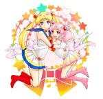  :d bishoujo_senshi_sailor_moon blonde_hair blue_eyes blue_sailor_collar boots bow chibi_usa choker circle double_bun elbow_gloves full_body gloves hair_ornament hairclip hasakichi heart heart_choker hug knee_boots long_hair looking_at_viewer multicolored multicolored_clothes multicolored_skirt multiple_girls musical_note open_mouth pink_eyes pink_footwear pink_hair pink_sailor_collar pleated_skirt red_footwear sailor_chibi_moon sailor_collar sailor_moon sailor_senshi sailor_senshi_uniform skirt smile star super_sailor_chibi_moon super_sailor_moon tsukino_usagi twintails white_gloves yellow_choker 