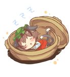  animal_ears brown_hair cat_ears cat_tail chen chibi closed_eyes dress earrings green_hat hat ibaraki_natou jewelry long_sleeves mob_cap multiple_tails nekomata open_mouth red_dress simple_background single_earring sleeping solo tail touhou two_tails white_background zzz 