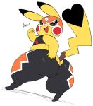  2018 5_fingers big_butt brown_eyes butt butt_pose cleft_tail clothed clothing cosplay_pikachu dipstick_ears dipstick_tail female fist hand_on_butt looking_at_viewer looking_back multicolored_tail nintendo open_mouth open_smile pikachu pikachu_libre pok&eacute;mon pok&eacute;mon_(species) pururing short_stack simple_background smile standing text thick_thighs video_games white_background yellow_body 