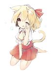  animal_ears ascot between_legs blonde_hair blush cat_ears cat_tail flandre_scarlet hair_ribbon hand_between_legs kemonomimi_mode looking_at_viewer no_hat no_headwear one_eye_closed open_mouth puffy_short_sleeves puffy_sleeves red_eyes ribbon short_hair short_sleeves side_ponytail simple_background sitting sketch skirt skirt_set solo tail tecoyuke touhou wariza white_background 