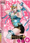  armlet arms_behind_head arms_up blonde_hair crossdressing dio_brando flower frills hair_flower hair_ornament hair_ribbon haruka4413 high_heels jojo_no_kimyou_na_bouken leg_garter lips looking_at_viewer love_live! love_live!_school_idol_project male_focus parody pink_background ribbon shorts simple_background smirk solo toned toned_male yellow_eyes 