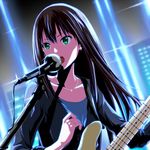  bass_guitar black_hair green_eyes idolmaster idolmaster_cinderella_girls instrument long_hair microphone music no10 open_mouth shibuya_rin singing solo 