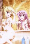  :d ;d absurdres bathing blonde_hair body_blush bottle breasts cleavage eyebrows_visible_through_hair eyes_visible_through_hair fang hair_between_eyes hair_censor hair_over_breasts highres juuoumujin_no_fafnir lisa_highwalker medium_breasts megami multiple_girls non-web_source nude official_art one_eye_closed open_mouth pink_eyes pink_hair red_eyes small_breasts smile soap_bottle tear_lightning washing yasuda_shouko 