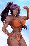  abs artist_name bikini bleach dark_skin elee0228 female flexing girl grin long_hair looking_at_viewer midriff muscle orange_bikini orange_swimsuit ponytail pose purple_hair shihouin_yoruichi smile solo swimsuit yellow_eyes 