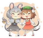  :3 animal_ears basket bow brown_hair capelet cat_ears cat_tail cheek-to-cheek chen chibi closed_eyes commentary_request dress earrings fang gem green_hat grey_dress grey_hair hat holding_hands ibaraki_natou jewelry long_sleeves mob_cap mouse mouse_ears mouse_tail multiple_girls multiple_tails nazrin necklace nekomata open_mouth pendant red_dress short_hair simple_background single_earring smile socks tail touhou two_tails yellow_bow 
