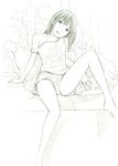  blouse head_tilt looking_at_viewer monochrome open_mouth original pillow short_hair shorts sitting sketch sleeveless solo strap_slip tank_top traditional_media window yoshitomi_akihito 