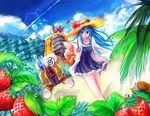  blue_eyes blue_hair blue_sky blurry cloud day depth_of_field dew_drop dot_heit dress food forest frilled_dress frills fruit jacket lens_flare mcdroid mountain nature palm_tree plant pointing robot signature sky st-ko steam_(platform) strawberry tree water_drop 