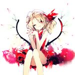  blonde_hair bow dress flandre_scarlet hands_clasped hat interlocked_fingers long_hair one_eye_closed own_hands_together red_eyes side_ponytail simple_background sitting sketch smile solo tecoyuke touhou white_background wings 