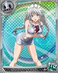 between_breasts box braid breasts card_(medium) character_name chess_piece dress gift gift_between_breasts gift_box grayfia_lucifuge grey_eyes high_school_dxd lipstick long_hair maid_headdress makeup official_art queen_(chess) red_lipstick short_dress silver_hair solo trading_card twin_braids 