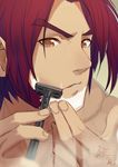  artist_name brown_eyes face ishitsu_kenzou male_focus parted_lips razor red_hair shaving shaving_cream solo tonbokiri_(touken_ranbu) touken_ranbu 