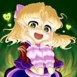  :d arm_warmers blonde_hair blush green_eyes hands_on_own_face heart heart-shaped_pupils looking_at_viewer mizuhashi_parsee official_style oota_jun'ya_(style) open_mouth shirt short_hair short_sleeves skirt smile solo symbol-shaped_pupils touhou yandere_trance yuki-ichigo 