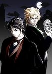  black_hair blonde_hair bow bowtie cape closed_mouth dio_brando formal full_moon highres jojo_no_kimyou_na_bouken jonathan_joestar looking_at_another looking_at_viewer male_focus moon multiple_boys night night_sky short_hair sjw_kazuya sky stone_mask_(jojo) suit 