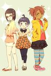  3girls akimichi_chouchou black_eyes black_hair black_legwear blue_eyes blue_hair bow brown_hair candy dark_skin dress glasses hair_over_one_eye hand_in_pocket jacket lollipop looking_at_viewer multiple_girls naruto naruto_shippuuden o96ap skirt smile standing striped striped_legwear uchiha_sarada uzumaki_himawari yellow_eyes 