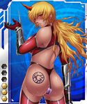  1girl armor ass back bangs bare_shoulders blonde_hair blue_background blush breasts card_(medium) clenched_teeth cowboy_shot dildo dual_wielding elbow_gloves female from_behind gloves half-closed_eyes hand_up horn kokonoki_nao large_breasts larkshasha lilith-soft lipstick long_hair looking_at_viewer looking_back low_ponytail makeup official_art ponytail pussy_juice red_eyes solo standing sweat taimanin_asagi taimanin_asagi_battle_arena tattoo teeth thighhighs thong vambraces vibrator wavy_hair weapon 