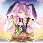  :3 animal_ears boned_meat bunny_ears bunny_girl elbow_gloves fake_animal_ears fingerless_gloves food fork gloves highres knife long_hair meat namamo_nanase pink_eyes pink_hair plate sexually_suggestive smirk solo twintails very_long_hair vocaloid voiceroid when_you_see_it white_gloves yuzuki_yukari 