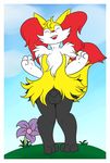  2015 3_fingers 3_toes anthro balls braixen canine cloud eyes_closed flower fox fur grass inner_ear_fluff male mammal nintendo nude open_mouth outside penis plant pok&eacute;mon sky smile solo standing tailidraws teeth toes tongue video_games 