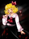  ascot bad_deviantart_id bad_id blonde_hair blood blood_in_mouth blood_on_face blood_on_fingers bloody_clothes bloody_hands blouse fang hair_ribbon heart open_mouth ribbon rumia short_hair skirt solo touhou uriko77 vest 