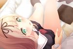  blonde_hair blush breast_grab grabbing green_eyes guided_thigh_grab hair_ribbon kantai_collection kneehighs komone_ushio long_hair looking_at_viewer looking_up pov ribbon school_uniform serafuku sitting sitting_on_lap sitting_on_person solo_focus thigh_grab thighs wrist_grab yuudachi_(kantai_collection) 