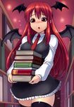  :o aura bat_wings black_legwear blush book book_stack bookshelf breasts candle dark_aura dress dress_shirt flying_sweatdrops head_wings highres holding holding_book koakuma large_breasts library long_hair md5_mismatch necktie open_mouth puffy_sleeves red_eyes red_hair red_neckwear shimashima-ace shirt skirt skirt_set solo thighhighs touhou vest when_you_see_it wings zettai_ryouiki 