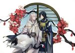  bad_id bad_pixiv_id bird black_gloves blue_hair cherry_blossoms crane_(animal) fingerless_gloves flower gloves japanese_clothes lily_fairy male_focus mikazuki_munechika multiple_boys red-crowned_crane sayagata snow touken_ranbu tsurumaru_kuninaga white_hair window yellow_eyes 