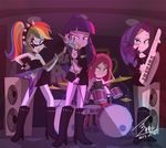  0bluse_(artist) bass boots bra clothing collar drum equestria_girls female friendship_is_magic heavy_metal jewelry keytar leather makeup microphone musical_instrument my_little_pony piercing pinkie_pie_(mlp) rainbow_dash_(mlp) rarity_(mlp) skirt skull speakers spike stage tongue tongue_piercing twilight_sparkle_(mlp) underwear 