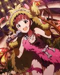  :d animal_ears animal_skin_dress animal_skin_hat bone brown_hair card_(medium) character_name dinosaur dress fake_animal_ears fire fossil idol idolmaster idolmaster_million_live! jewelry lion_ears lion_tail long_hair looking_at_viewer matsuda_arisa microphone music necklace night official_art open_mouth orange_eyes outdoors palm_tree pink_dress prehistoric prehistoric_animal singing skull_necklace smile solo tail tooth_necklace torch tree twintails upper_teeth volcano 