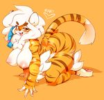  &lt;3 anthro areola bow breasts eyelashes feline fur hair looking_at_viewer mammal nipples open_mouth orange_fur red_eyes slugbox teeth tiger tongue white_hair 