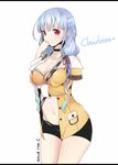  2015 artist_name blue_hair breast_hold breasts character_name charlotte_(cyphers) choker cleavage collarbone cowboy_shot crossed_arms cyphers dated hair_ribbon hand_on_own_face large_breasts long_hair long_sleeves looking_at_viewer navel red_eyes ribbon ripe.c solo 