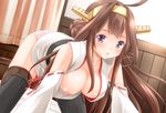  :o all_fours blush boots breasts brown_hair detached_sleeves dutch_angle fujishima_shinnosuke hairband kantai_collection kongou_(kantai_collection) large_breasts long_hair looking_at_viewer nipple_slip nipples no_bra no_pants nontraditional_miko open_clothes open_mouth panties pink_panties purple_eyes ribbon-trimmed_sleeves ribbon_trim solo thigh_boots thighhighs underwear 