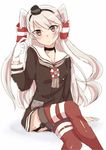  amatsukaze_(kantai_collection) blush brown_eyes dress gloves hairband kantai_collection long_hair looking_at_viewer sailor_dress short_dress silver_hair simple_background single_glove sketch solo sudoka thighhighs two_side_up white_background zettai_ryouiki 