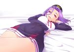  bad_id bad_pixiv_id bed hair_intakes kantai_collection looking_at_viewer lying mechanical_halo on_bed purple_eyes purple_hair short_hair smile solo tatsuta_(kantai_collection) uniform urata_asao 