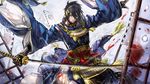  banner black_gloves blood blue_eyes blue_hair gloves hair_ornament japanese_clothes katana male_focus mikazuki_munechika one_eye_closed ryuuzaki_ichi sashimono solo sword touken_ranbu weapon wince 