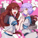  ahoge brown_eyes brown_hair fang holding_hands ishico kantai_collection kuma_(kantai_collection) long_hair multiple_girls one_eye_closed purple_hair short_hair smile tama_(kantai_collection) 