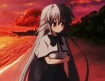  beach iris_freyja juuoumujin_no_fafnir long_hair purple_eyes school_uniform screencap silver_hair solo sunset 