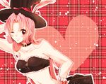  &gt;:) ;) animal_ears bangs bare_shoulders bunny_ears choker extra_ears full_moon_wo_sagashite hat hat_ribbon heart maguwa_(sklptr) meroko_yui one_eye_closed parted_bangs pink_hair plaid plaid_background red red_background red_eyes red_ribbon ribbon sleeveless smile solo top_hat v-shaped_eyebrows 