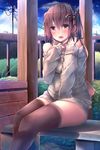  bad_id bad_pixiv_id bangs black_legwear blush brown_hair casual eyebrows_visible_through_hair grass hair_between_eyes hair_ornament highres kantai_collection kumashou_(nabeyama_kaidou) long_hair long_sleeves looking_at_viewer off_shoulder open_mouth outdoors red_eyes ribbon sendai_(kantai_collection) sitting solo sweater tears thighhighs thighs 