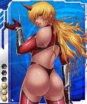  1girl armor ass back bangs bare_shoulders blonde_hair blue_background blush breasts card_(medium) cowboy_shot dual_wielding elbow_gloves female from_behind gloves hand_up horn kokonoki_nao large_breasts larkshasha lilith-soft lipstick long_hair looking_at_viewer looking_back low_ponytail makeup official_art ponytail red_eyes smile solo standing taimanin_asagi taimanin_asagi_battle_arena tattoo thighhighs thong vambraces wavy_hair weapon 