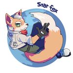  1boy anthro belt black_nose boots brown_fur canine english_text firefox fox fox_mccloud fur furry gloves green_eyes headset jacket looking_at_viewer male mammal nintendo planet scarf smile solo star_fox tail text unknown_artist video_games white_fur 
