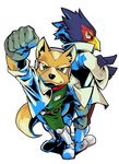  anthro avian back_to_back bird black_nose boots brown_fur canine duo falco_lombardi fox fox_mccloud fur gloves green_eyes headset jacket male mammal nintendo scarf smile star_fox unknown_artist video_games yellow_eyes 