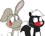  black_fur cute duo frown fur grey_fur kippykat lagomorph mammal open_mouth plain_background rabbit skunk tongue white_fur 