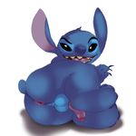  anus backsack balls butt digital_media_(artwork) disney foreshortening grin half-erect jerseydevil lilo_and_stitch looking_at_viewer looking_back lying male on_side open_mouth penis penis_backwards perineum shaded solo stitch 