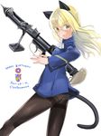  animal_ears aohashi_ame ass black_legwear blonde_hair cat_ears cat_tail crotch_seam flat_ass glasses gun happy_birthday highres holding long_hair military military_uniform panties panties_under_pantyhose pantyhose perrine_h_clostermann piat solo strike_witches tail thighband_pantyhose underwear uniform weapon white_panties world_witches_series yellow_eyes 