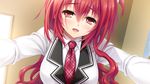  1girl blush breasts female game_cg highres kamio_ami large_breasts long_hair looking_at_viewer necktie norita open_mouth red_eyes red_hair school_uniform semiramis_no_tenbin smile solo tears 