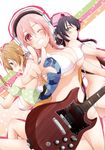  bikini black_hair blush breasts brown_hair electric_guitar fujimi_suzu green_eyes guitar hat headphones heart heart-shaped_pupils highres instrument large_breasts long_hair looking_at_viewer merryhachi midriff multiple_girls nitroplus nurse_cap one_eye_closed open_mouth pink_hair purple_eyes short_hair smile super_sonico swimsuit symbol-shaped_pupils thighhighs watanuki_fuuri 