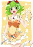  1girl bare_shoulders belt blush boots breasts collar cropped_legs cuffs dress goggles goggles_on_head green_eyes green_hair gumi hand_up headphones holding microphone open_mouth short_hair skirt sleeveless sleeveless_dress smile solo vocaloid white_boots wrist_cuffs 