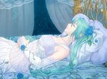  a=k aqua_hair bed blue_flower blue_rose bridal_gauntlets closed_eyes curtains dress elbow_gloves flower gloves hatsune_miku long_hair lying on_back petals pillow rose solo twintails vocaloid white_dress 