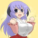  alternate_breast_size breasts hakama hanyuu higurashi_no_naku_koro_ni horns japanese_clothes large_breasts oro_(zetsubou_girl) purple_hair red_hakama solo 