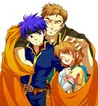  2boys blue_eyes blue_hair brother_and_sister brown_hair cape family father_and_daughter father_and_son fire_emblem fire_emblem:_souen_no_kiseki gloves greil grin guttary hair_tubes happy headband hug ike mist_(fire_emblem) multiple_boys petting short_hair siblings smile 